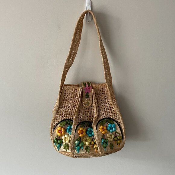 Vintage Crossbody Bag Woven Wicker Straw Floral Boho Brown 11x13 - Picture 2 of 7